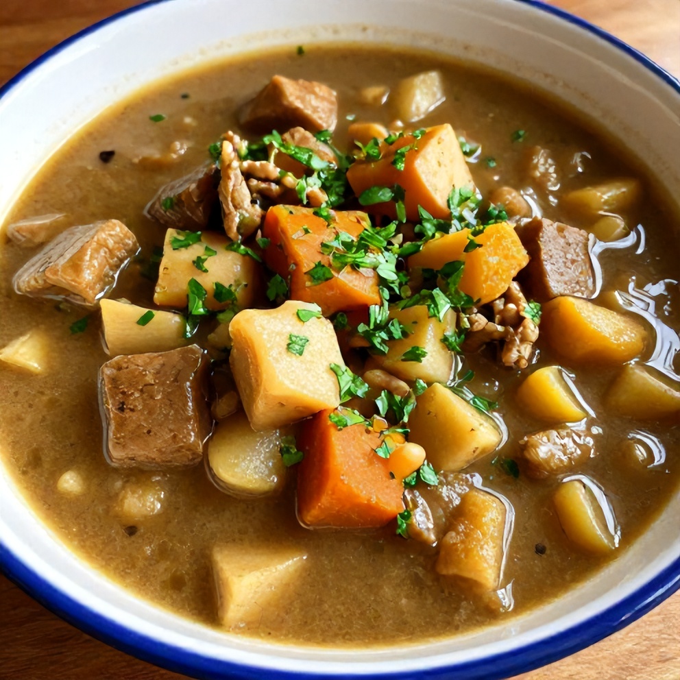 Bowl of Irish Vegetarian Stew with a side of crusty bread