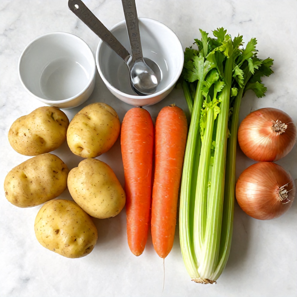 Raw ingredients for Irish Vegetarian Stew laid out on a wooden surface