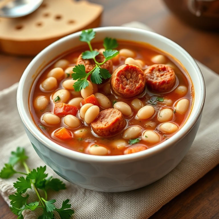 Hearty Italian Sausage and White Bean Soup in a bowl with fresh parsley on top