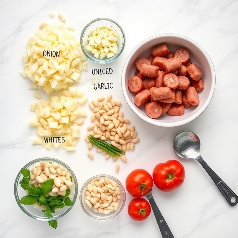 Raw ingredients for Hearty Italian Sausage and White Bean Soup arranged in a flat lay