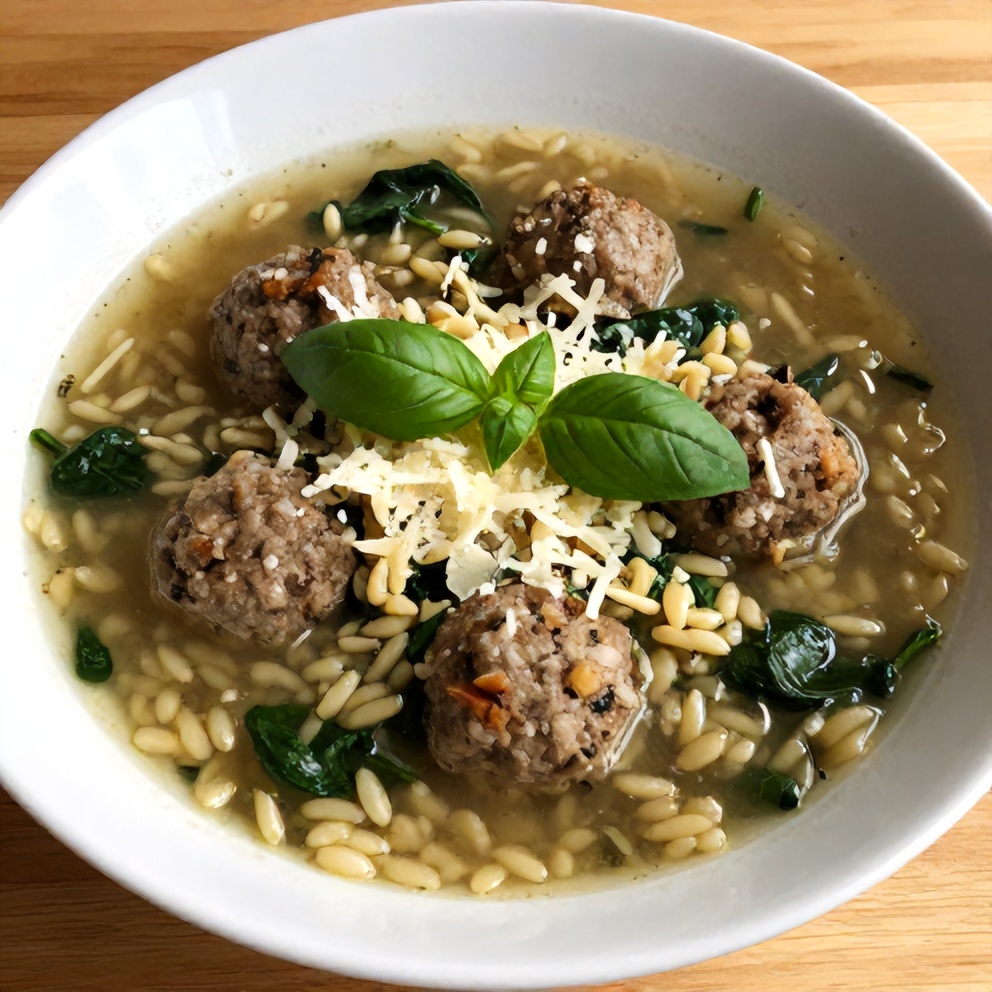 Plated serving of Turkey Meatball Soup with Orzo and Spinach