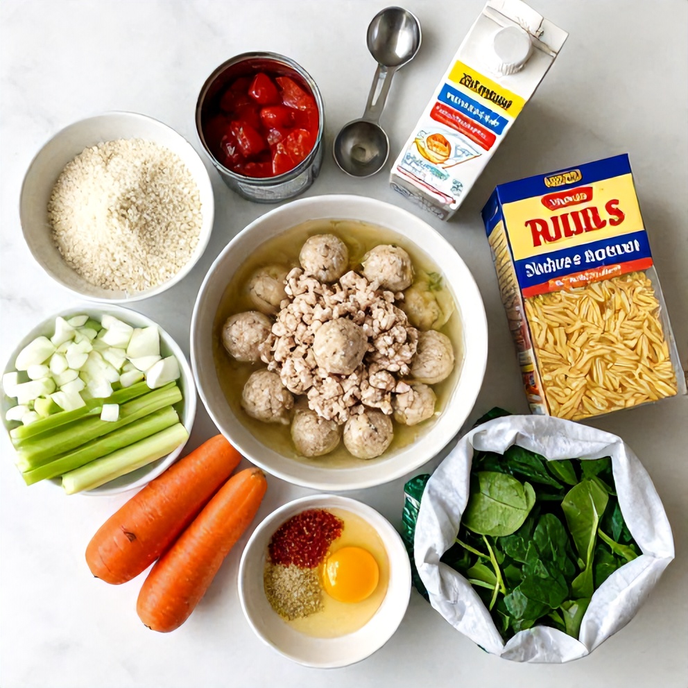 Raw ingredients for Turkey Meatball Soup with Orzo and Spinach