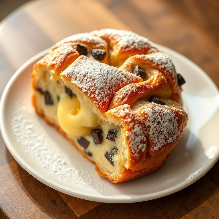 Serving of chocolate chip custard brioche with a dusting of powdered sugar. Warm side lighting highlights the texture. White plate with crispy edges.