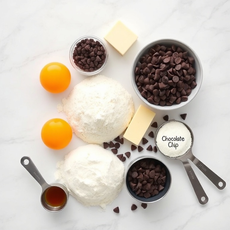 Eggs, sugar, flour, butter, chocolate chips, and vanilla extract arranged in a flat lay. Measuring cups and spoons nearby. White marble surface.