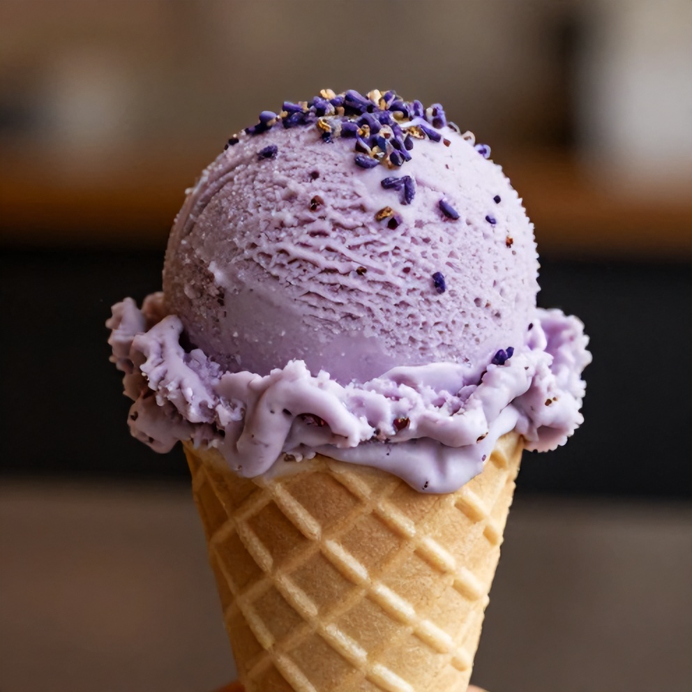Honey Lavender Ice Cream served in a cone with a sprinkle of lavender