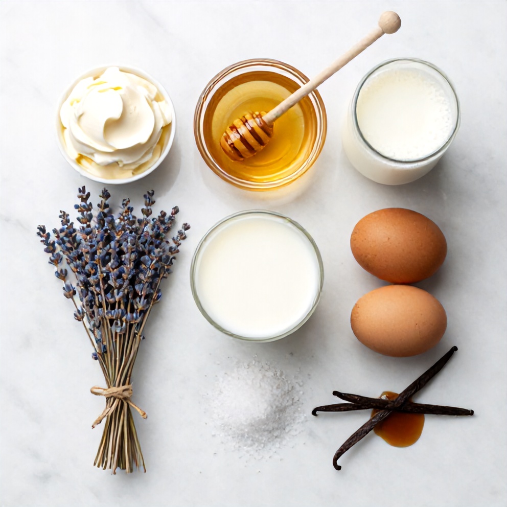 Raw ingredients for Honey Lavender Ice Cream on a marble surface