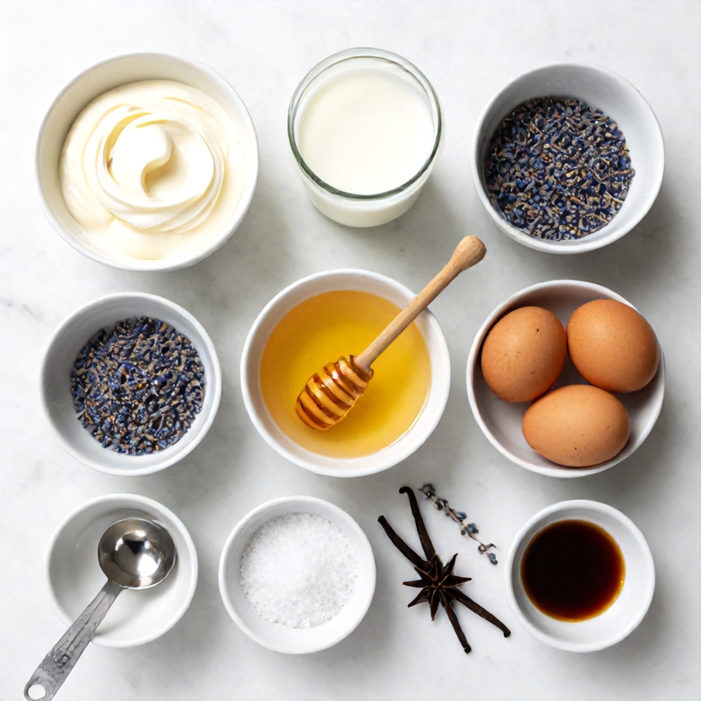 Raw ingredients for Honey Lavender Ice Cream on a marble surface