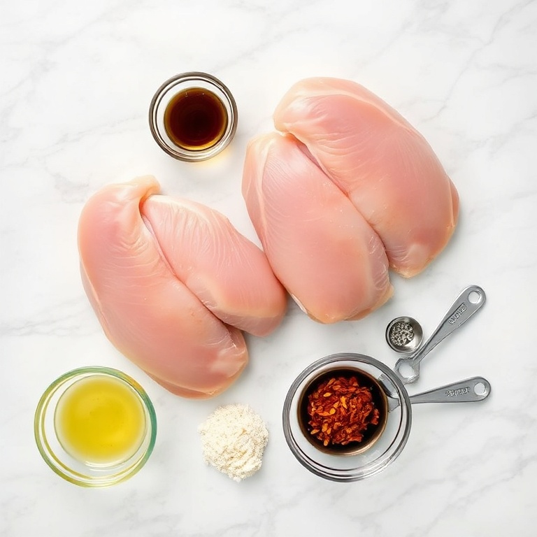 Raw chicken breasts, garlic cloves, vinegar, soy sauce, and chili flakes arranged in an overhead flat lay on white marble.