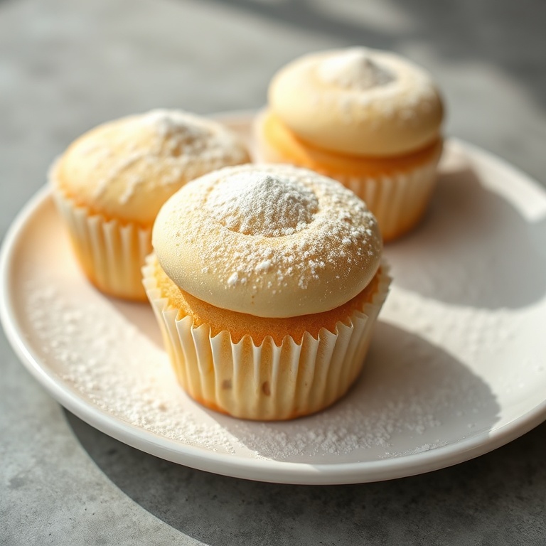 Japanese Cotton Cheesecake Cupcakes on a white plate with a dusting of powdered sugar. Close crop showing soft texture.