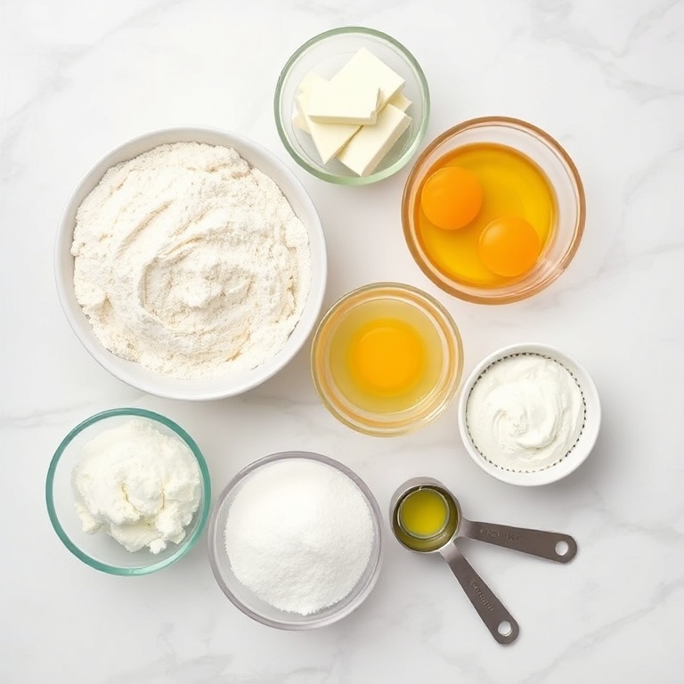 Raw ingredients for Japanese Cotton Cheesecake Cupcakes arranged in an overhead flat lay. Flour, cream cheese, eggs, sugar, and butter prominently visible.