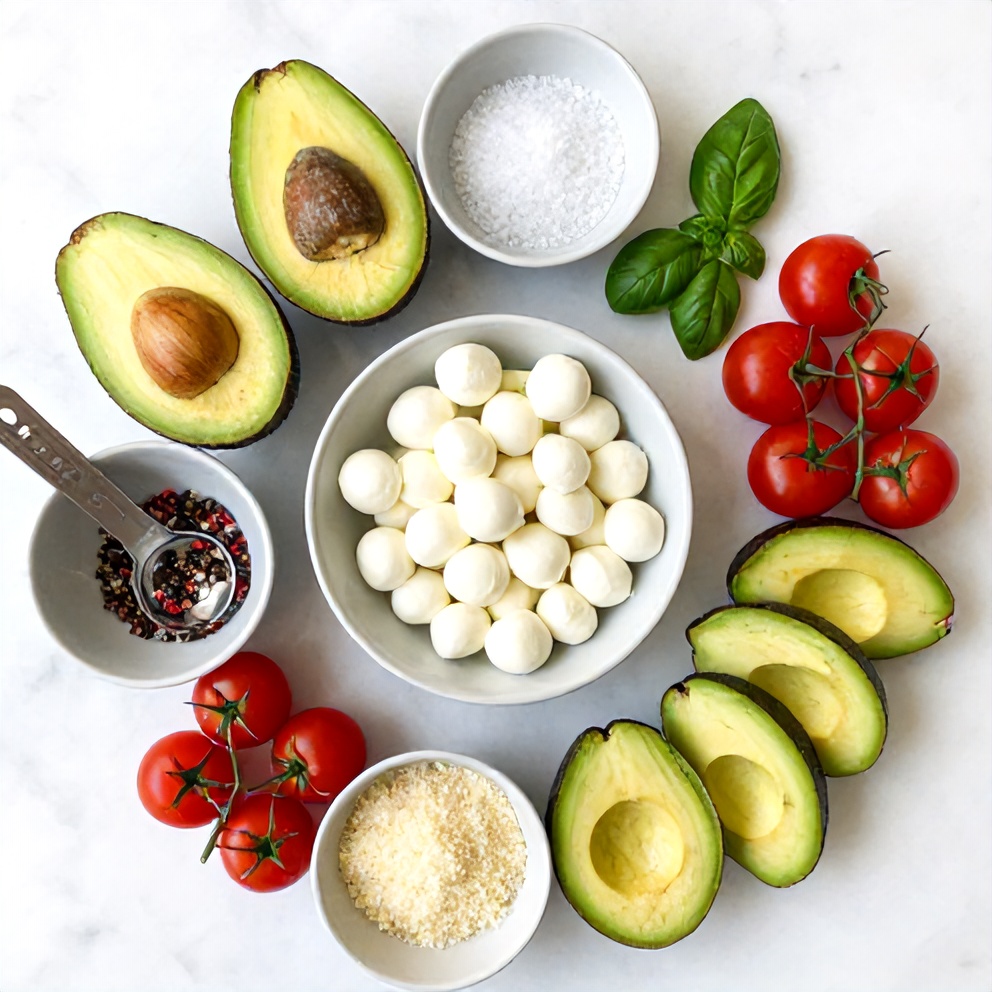 Raw ingredients for Keto Caprese Stuffed Avocado Bites on a marble surface
