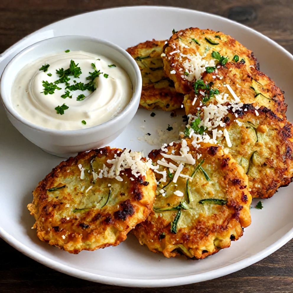 Plated Keto Zucchini Parmesan Fritters with Sour Cream Dip