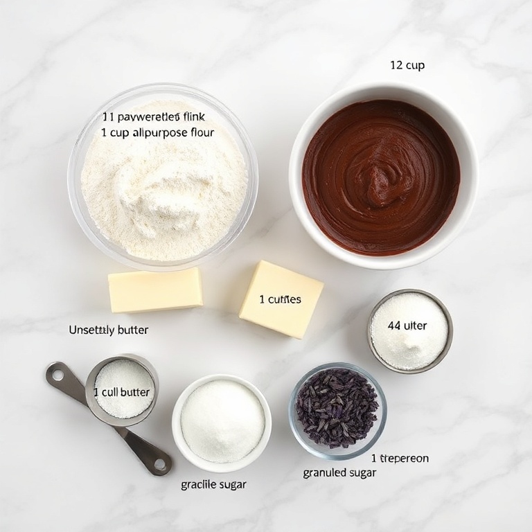 Raw ingredients: flour, cocoa, butter, sugar, lavender, chocolate chips