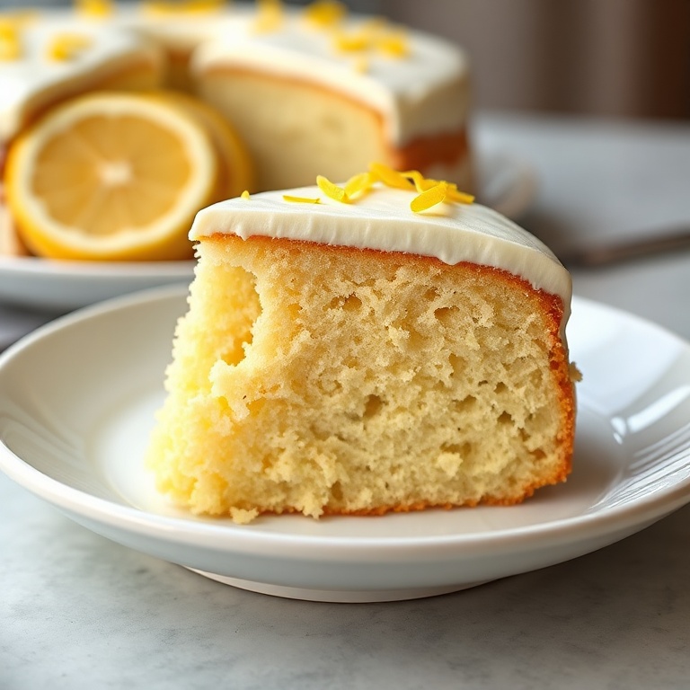 Serving of lemon lavender cake with light lemon buttercream. Garnished with lemon zest. White ceramic plate. Warm side lighting showing texture. No text. No watermark.