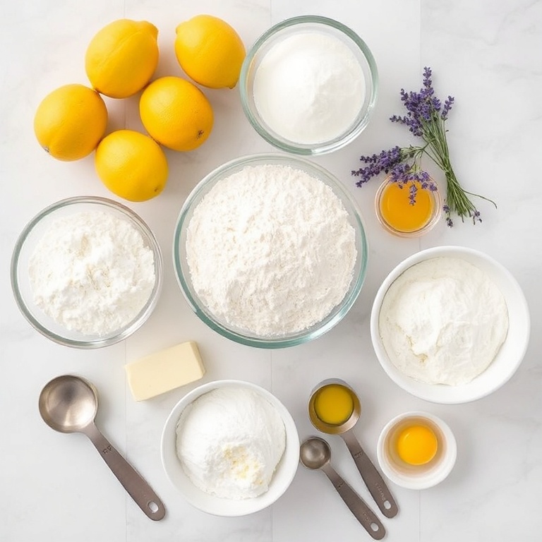 All raw ingredients for lemon lavender cake. Flour, sugar, lemons, lavender, butter, eggs, baking powder. Measuring spoons and bowls visible. White marble surface. Bright even light.