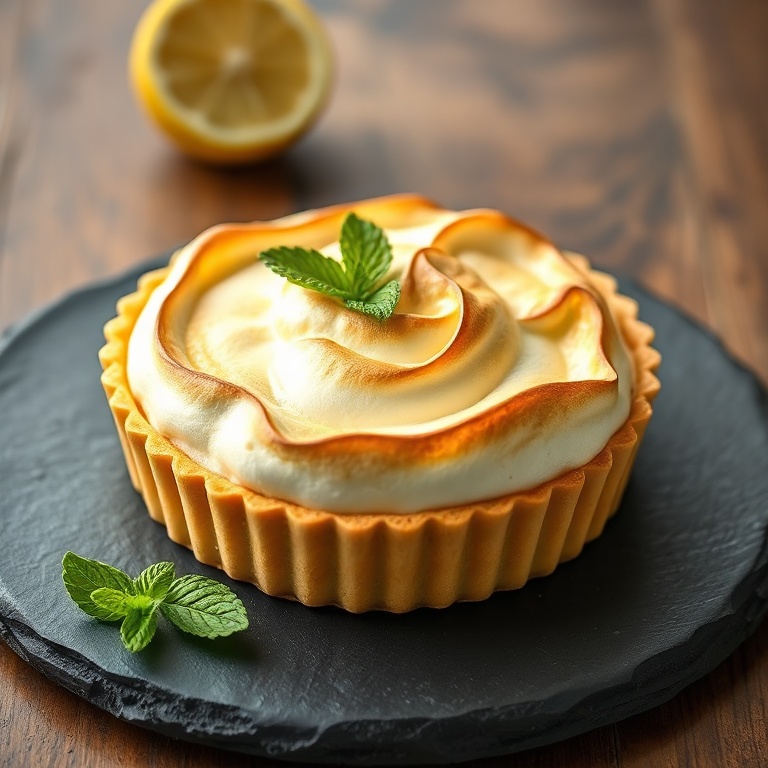 Finished lemon meringue tarts on a slate