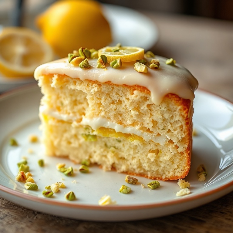 A beautifully plated Lemon Pistachio Ricotta Cloud Cake with a light lemon glaze and crushed pistachios on top, captured in a close crop to highlight the texture and garnish. Warm side lighting emphasizes the cake's fluffy layers. Photorealistic food photography style, no text, no watermark.