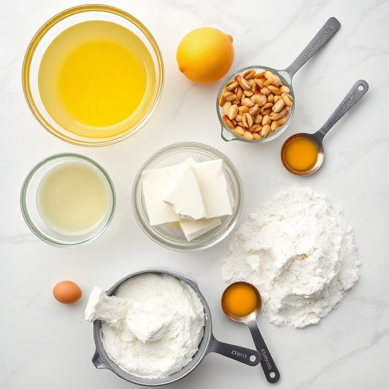 Overhead flat lay of the raw ingredients for Lemon Pistachio Ricotta Cloud Cake: fresh lemon juice, pistachios, ricotta cheese, flour, and eggs. Prep bowls, measuring cups, and spoons visible. White marble surface, bright even light, photorealistic food photography style, no text, no watermark.