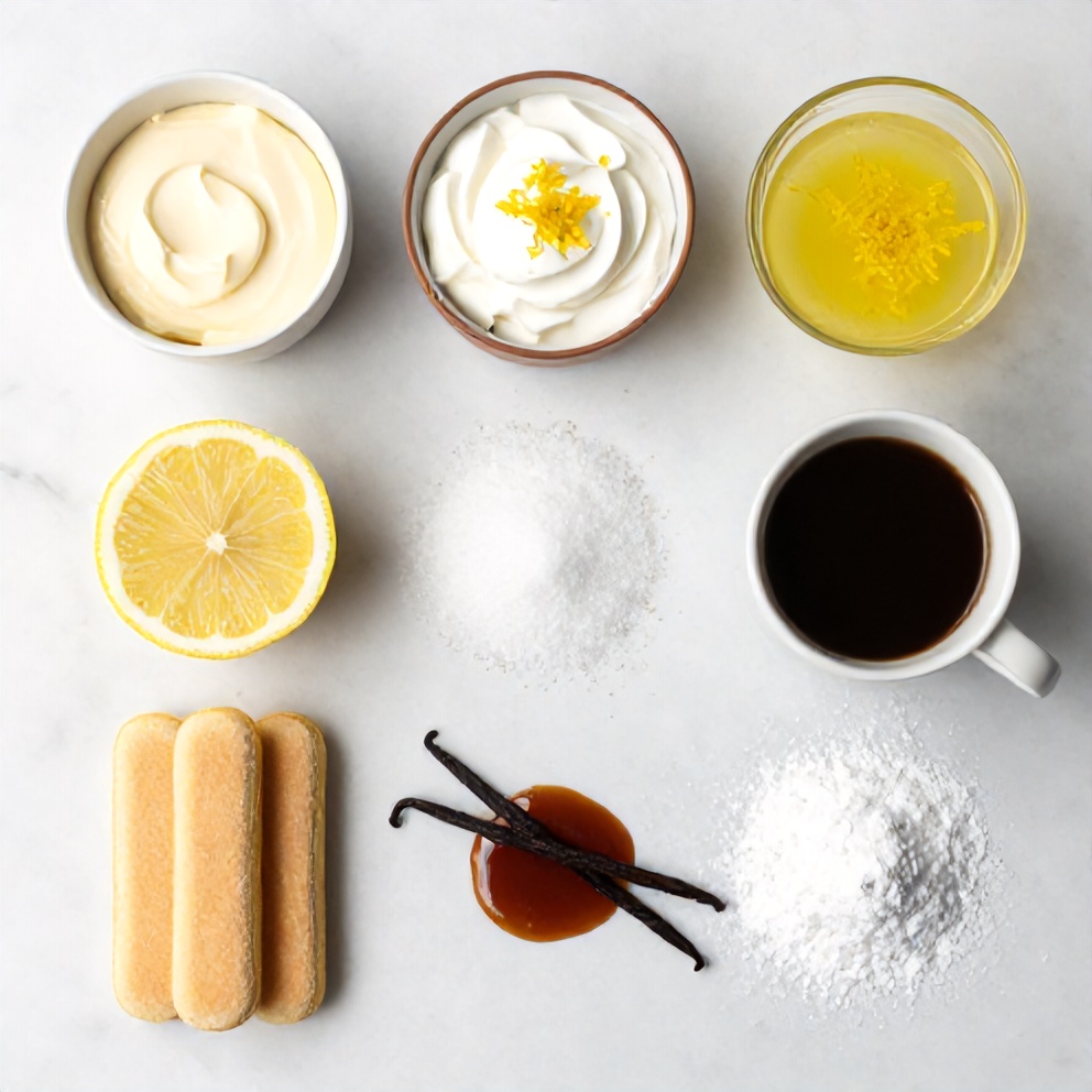 Lemon tiramisu ingredients on a marble surface