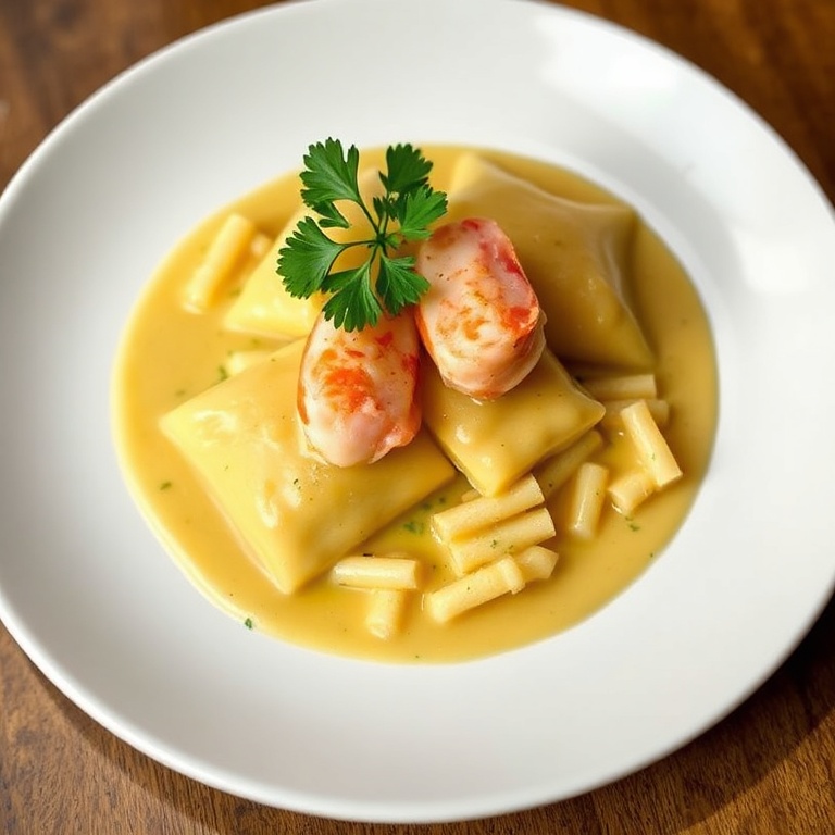 Lobster Ravioli with Lemon Butter Sauce. Finished dish. Fresh parsley garnish. White plate. Warm side lighting. Photorealistic food photography.