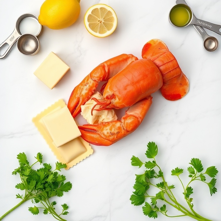 Lobster, ravioli, butter, lemon, parsley. Raw ingredients in overhead flat lay. Measuring spoons and cups visible. White marble surface. Bright even light.