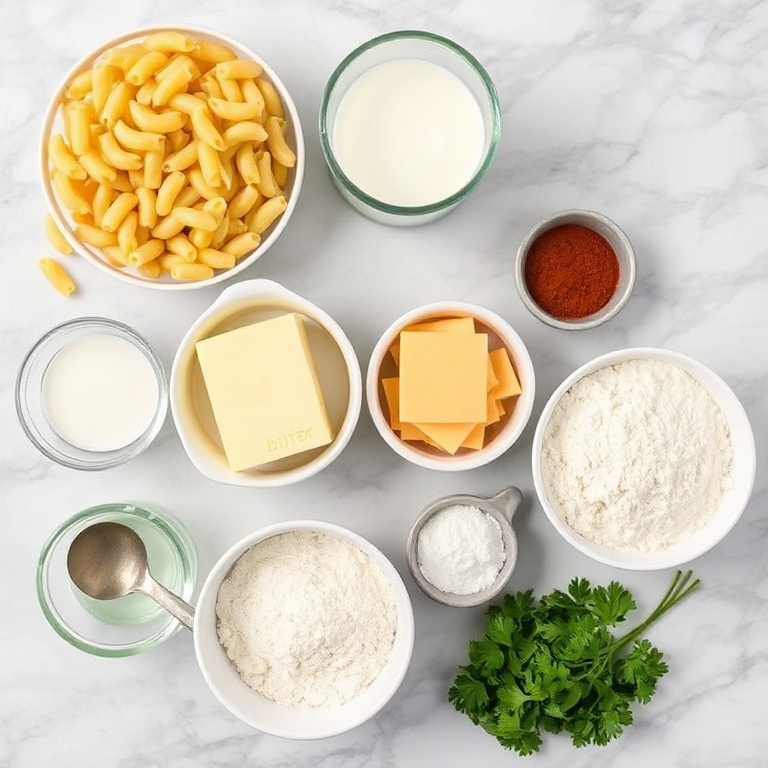 fresh raw ingredients for macaroni and cheese: pasta, milk, butter, cheese, breadcrumbs, spices