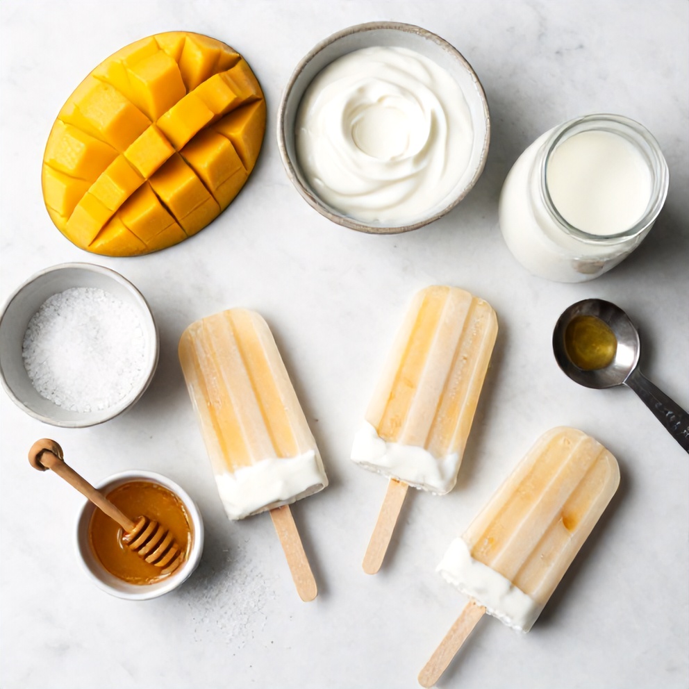Ingredients for Mango Greek Yogurt Popsicles on a white marble surface