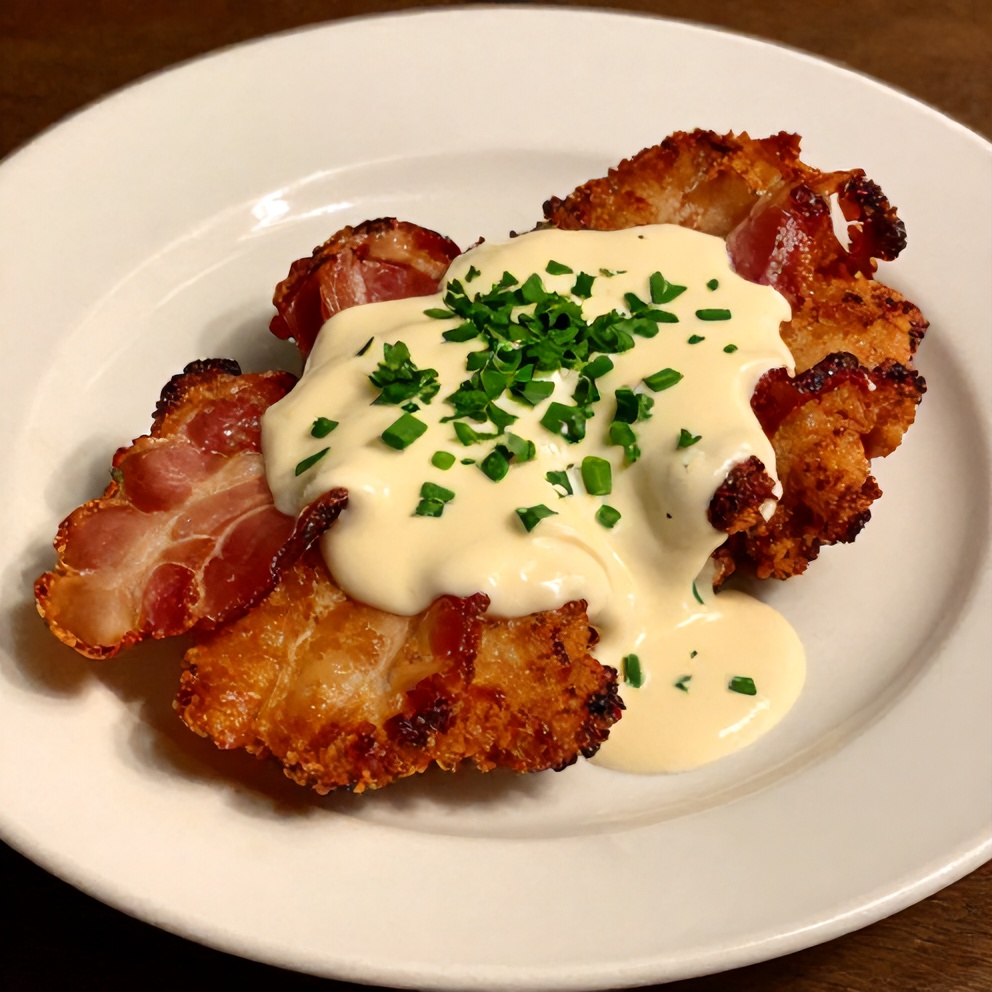 Plated maple bacon pork chops with creamy dijon sauce