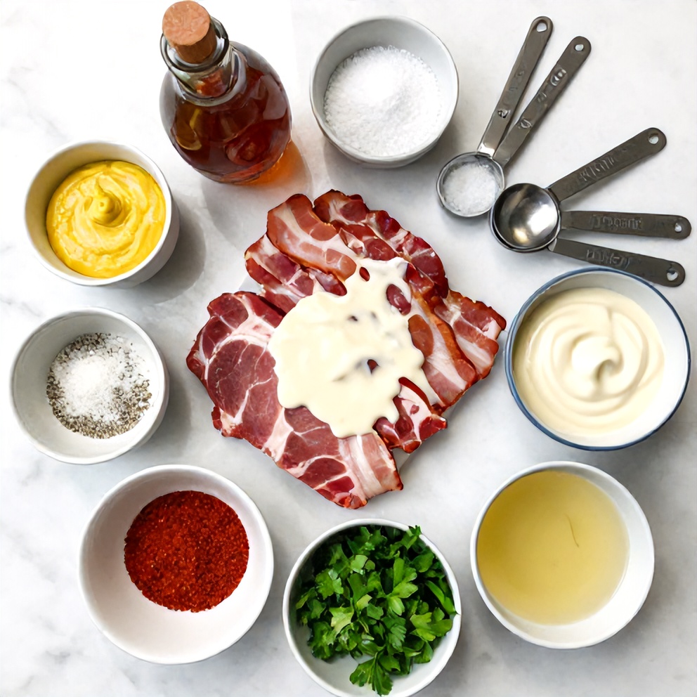 Raw ingredients for maple bacon pork chops with creamy dijon sauce
