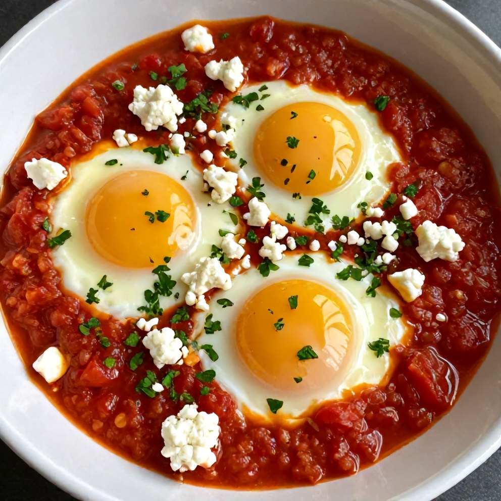 Mediterranean Baked Eggs with Spiced Tomato Sauce plated