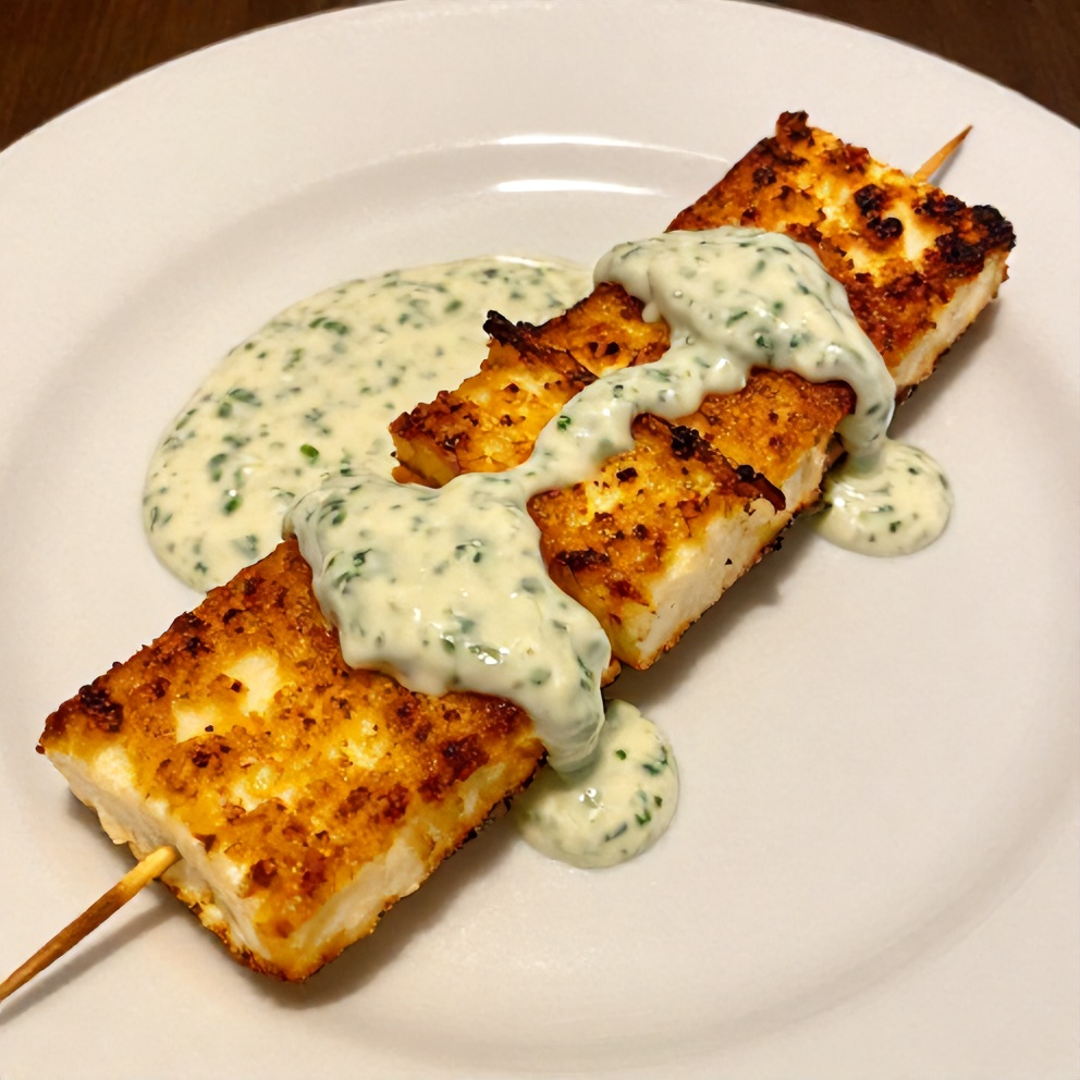 Plated Mediterranean Halloumi Skewers with creamy herb sauce