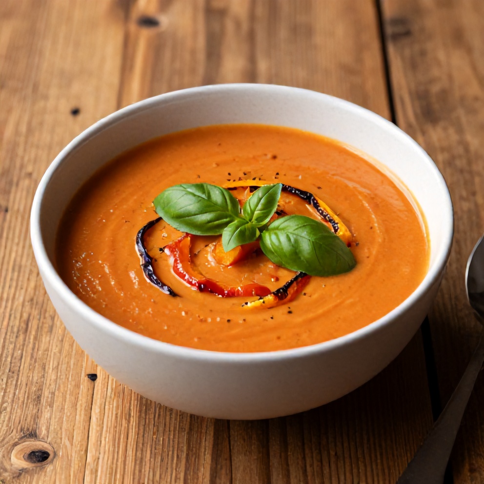 One perfect bowl of creamy Mediterranean Tomato and Roasted Pepper Soup, garnished with fresh basil, on a rustic wooden table, with warm side lighting highlighting the texture.