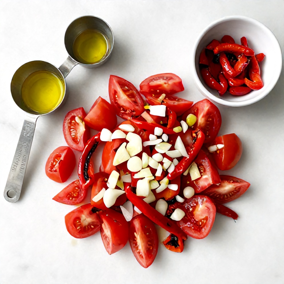 Overhead flat lay of diced tomatoes, roasted red peppers, onion, garlic, and olive oil, with measuring spoons and bowls on a white marble surface.