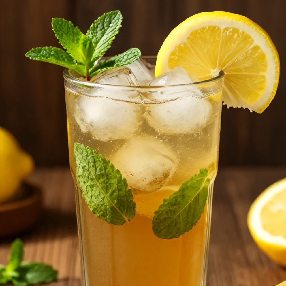 Perfectly poured Mint and Lemon Verbena Iced Tea with lemon slices