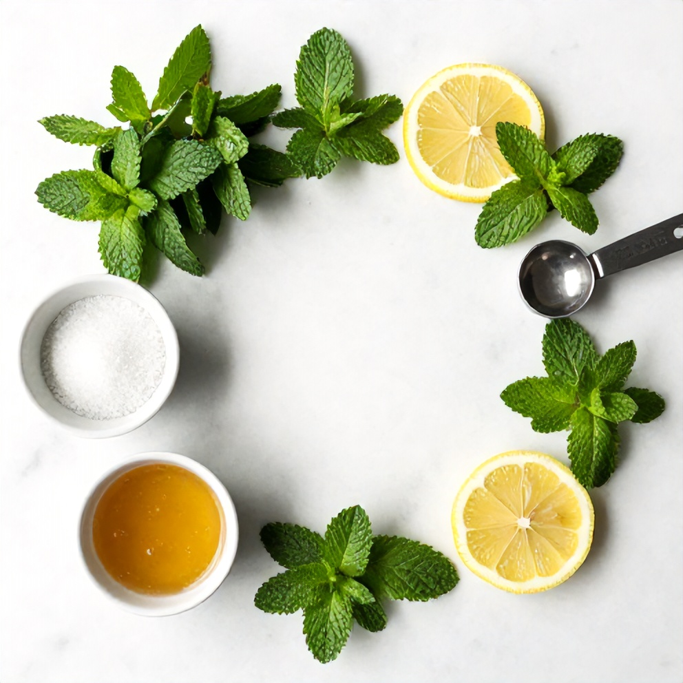 Raw ingredients for Mint and Lemon Verbena Iced Tea arranged as an overhead flat lay