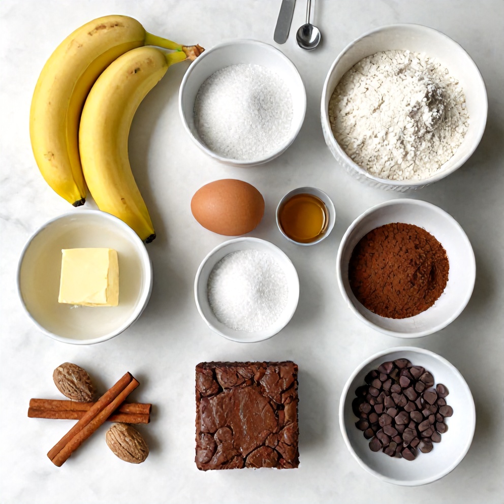 Raw ingredients for banana bread brownies on a marble surface