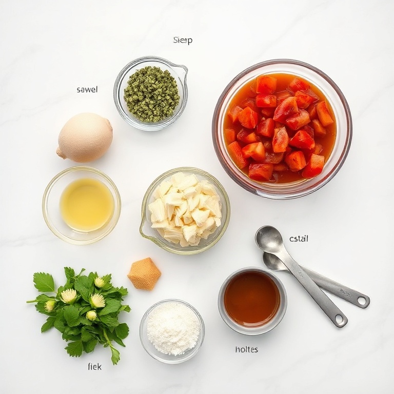 Raw ingredients for moist strawberry chocolate cake spread on marble table