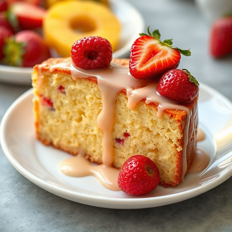 Sliced strawberry pineapple pound cake with a drizzle of glaze and fresh berries