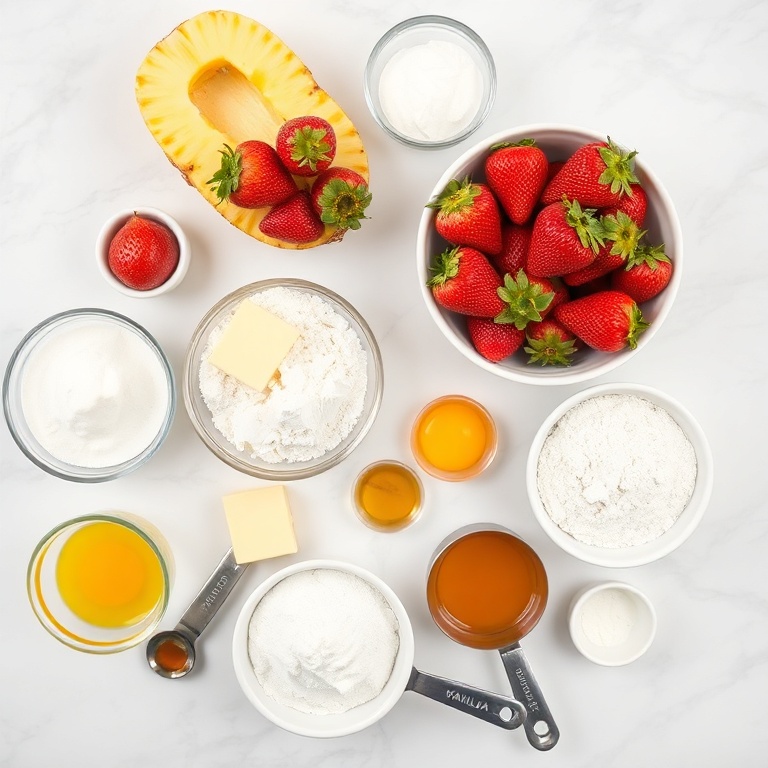 Fresh strawberries, pineapple, flour, sugar, butter, eggs, baking powder, vanilla extract