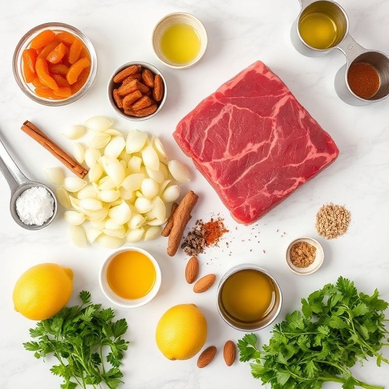 Raw ingredients for Moroccan beef tagine
