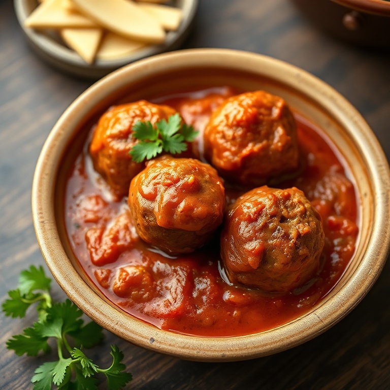 Deliciously plated Moroccan Meatball Tagine with spiced tomato sauce and fresh parsley garnish