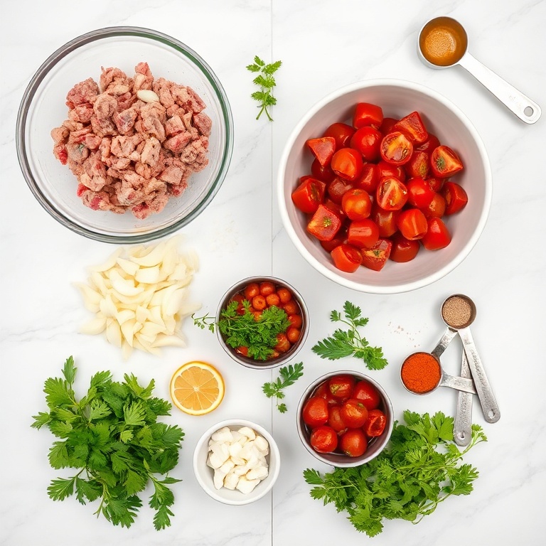 Raw ingredients for Moroccan Meatball Tagine: ground lamb, onions, garlic, spices, tomatoes, and fresh herbs