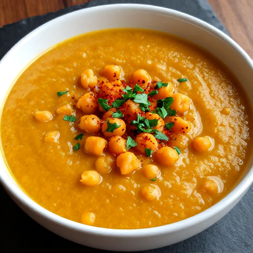 Bowl of Moroccan Sweet Potato and Chickpea Soup with a sprinkle of paprika