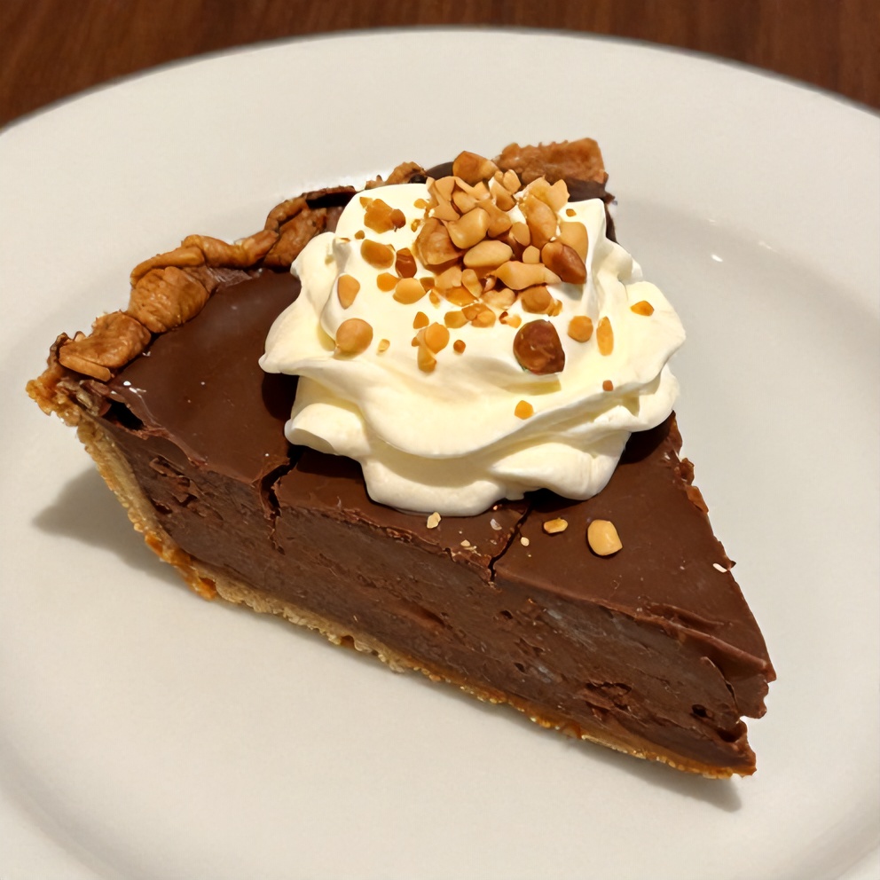 One perfect plated serving of No-Bake Chocolate Peanut Butter Pie on a white plate, with a dollop of whipped cream and a sprinkle of chopped peanuts.