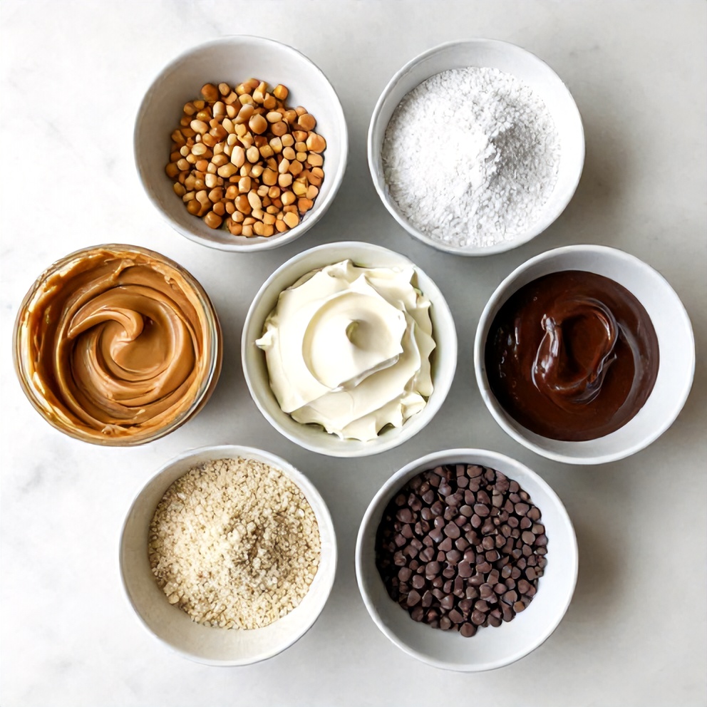 Overhead flat lay of the raw ingredients for No-Bake Chocolate Peanut Butter Pie, including peanut butter, cream cheese, powdered sugar, and chocolate chips.