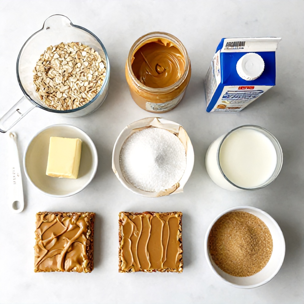 Ingredients for no-bake peanut butter oat bars on a marble surface
