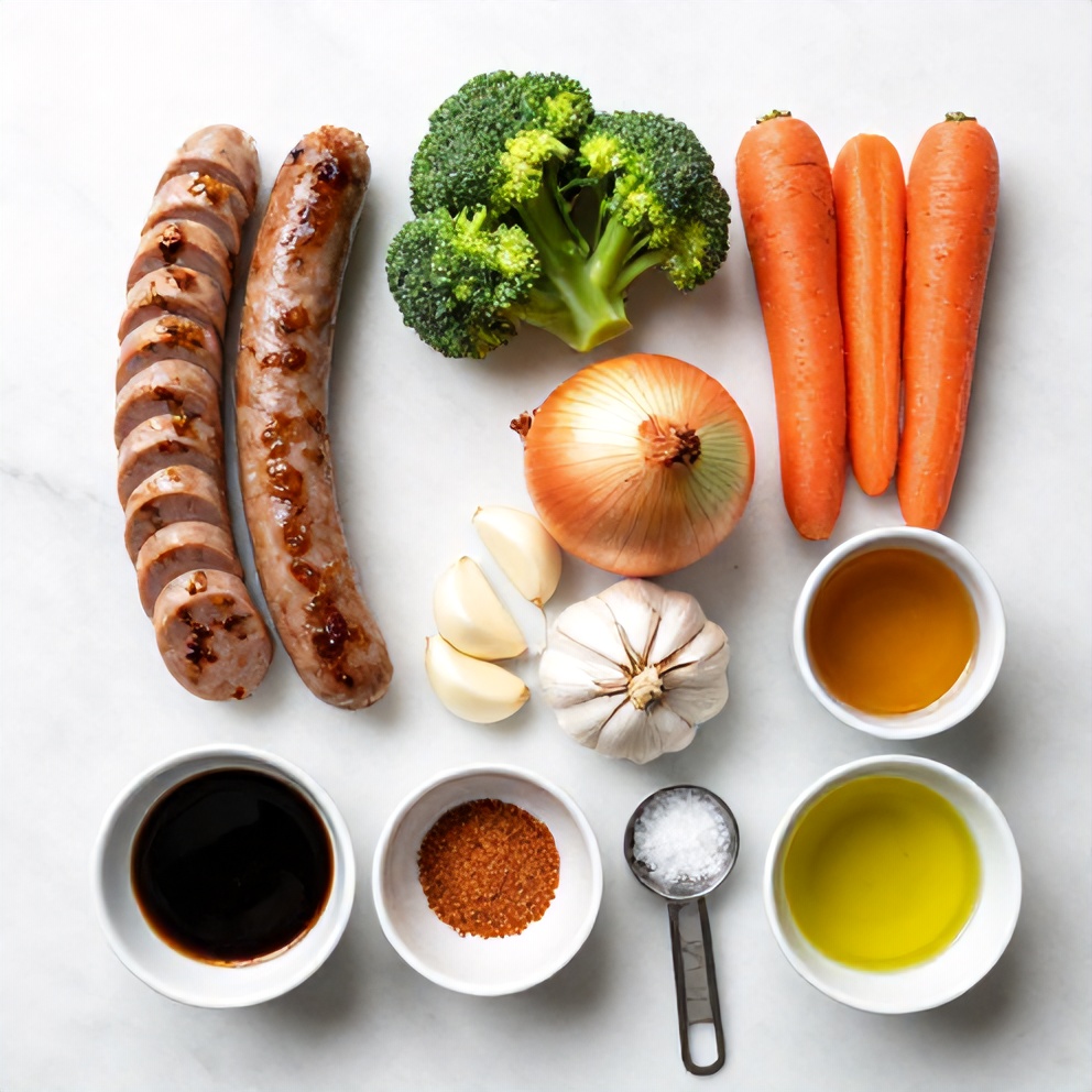 Raw Ingredients for One-Pan Honey Garlic Kielbasa and Veggies Dinner