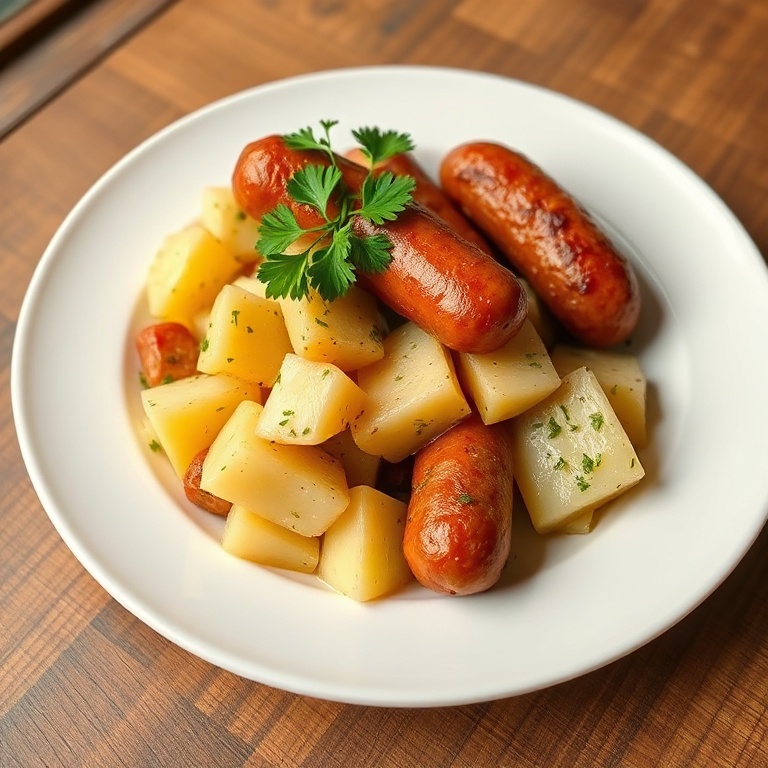Sausage and potatoes plated on a white dish. Fresh parsley as garnish. Warm lighting highlights texture.