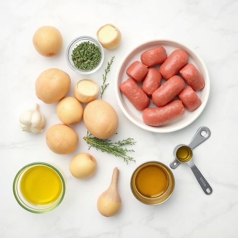 Raw sausage, potatoes, garlic, thyme, and olive oil arranged in a flat lay. Measuring tools and bowls nearby.