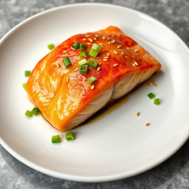 Plated salmon with scallions and sesame seeds on white ceramic plate